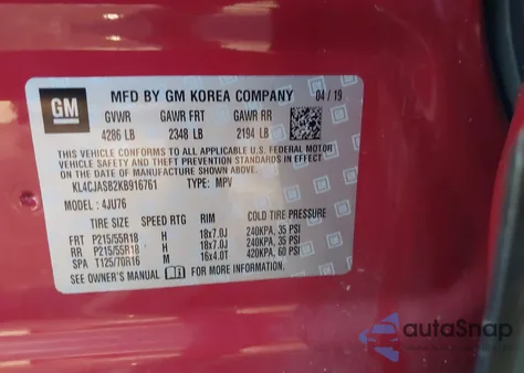 2019 Buick Encore Fwd Preferred из США, поврежденный, VIN KL4CJASB2KB916761